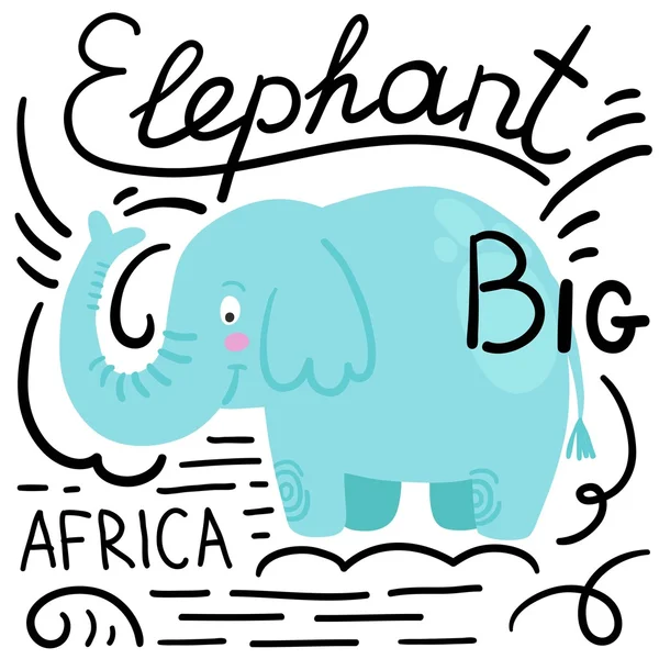 Elefante azul con letras sobre fondo blanco aislado — Vector de stock