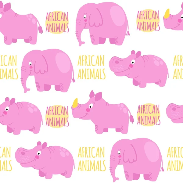 Animais africanos padrão sem costura vetor rosa: elefante, rinoceronte, h —  Vetores de Stock