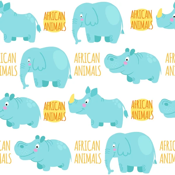 アフリカの動物ベクターのシームレスなパターン: 象、サイ、カバ. — ストックベクタ