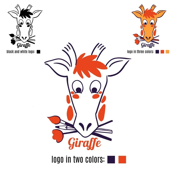 Логотип жирафа обличчя з пензлями і квіткою в роті вектор . — стоковий вектор