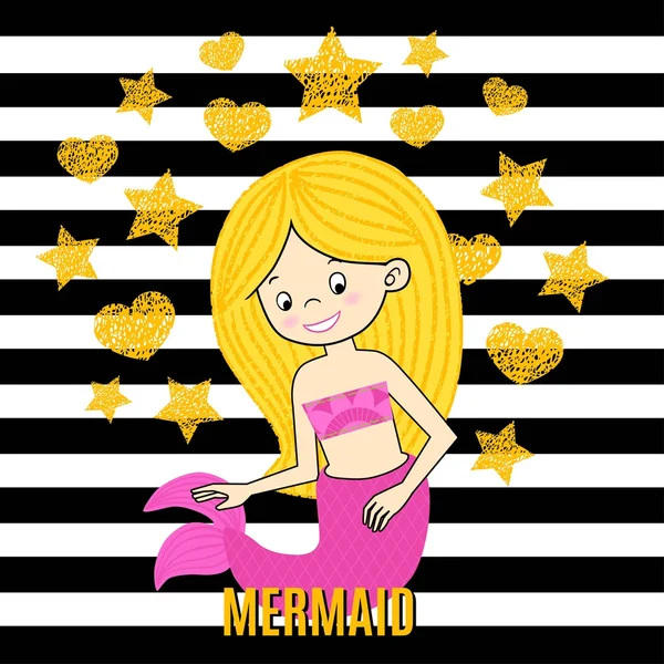 Mermaid white on black striped background vector illustration — Stock Vector