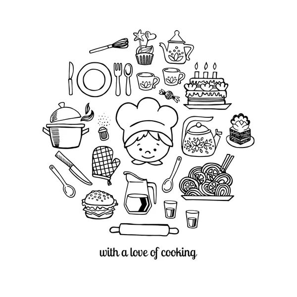 Εργαλεία κουζίνας και μαγειρέψτε σκίτσο εικονίδια απομόνωση φορέα που — Διανυσματικό Αρχείο
