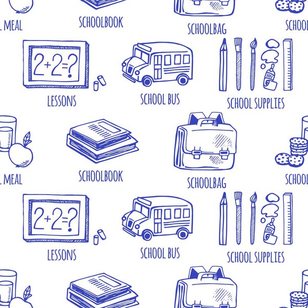School tools sketch icons seamless vector pattern.