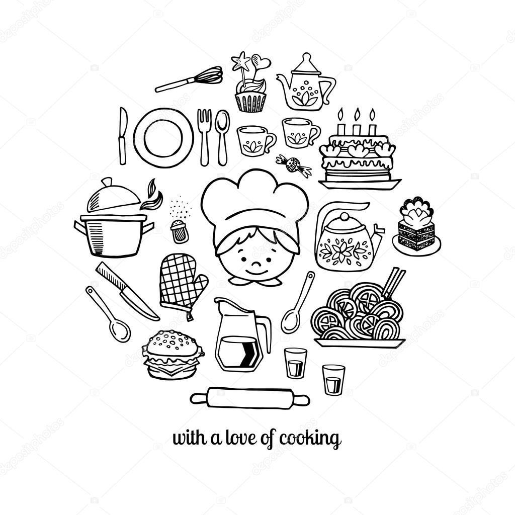 Kitchen tools and cook sketch icons isolation vector set