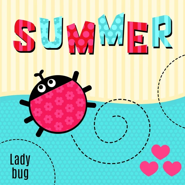Card ladybug rosso che dice estate vettoriale illustrazione . — Vettoriale Stock