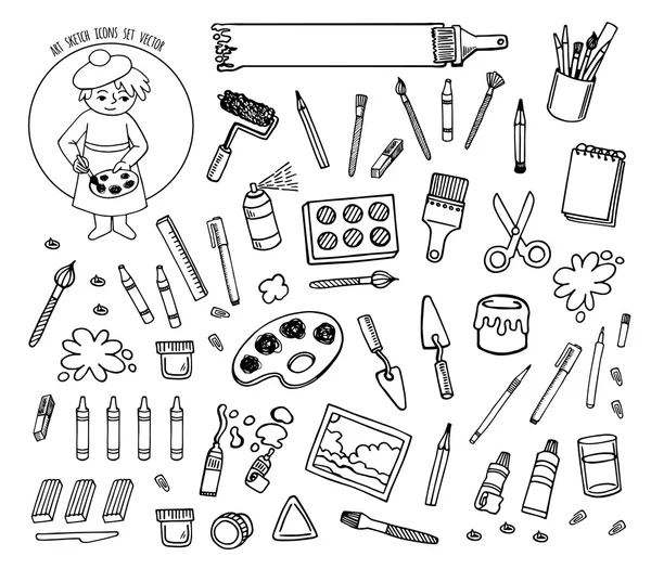 Art tools sketch hand drawn set vector desing — Stock Vector