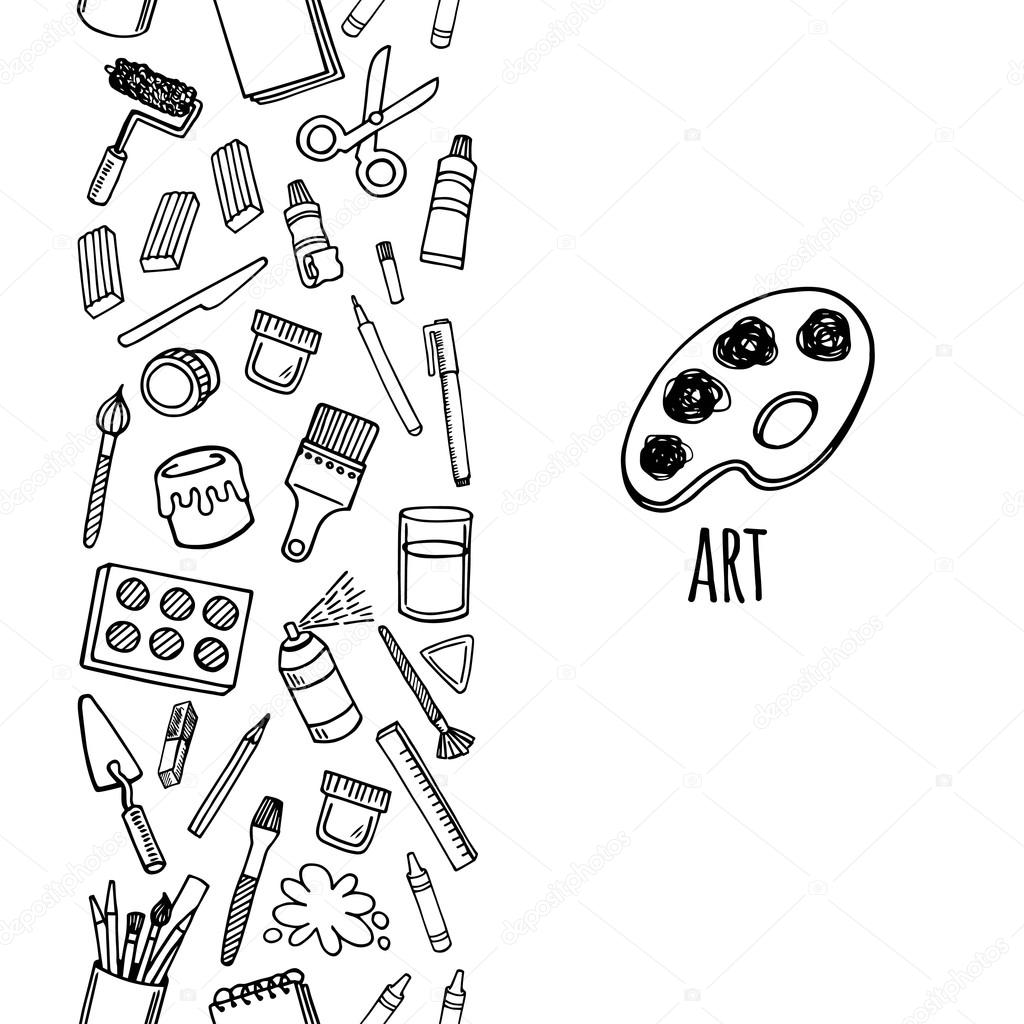 Hand drawn set of artist tools doodle. Art supplies in sketch