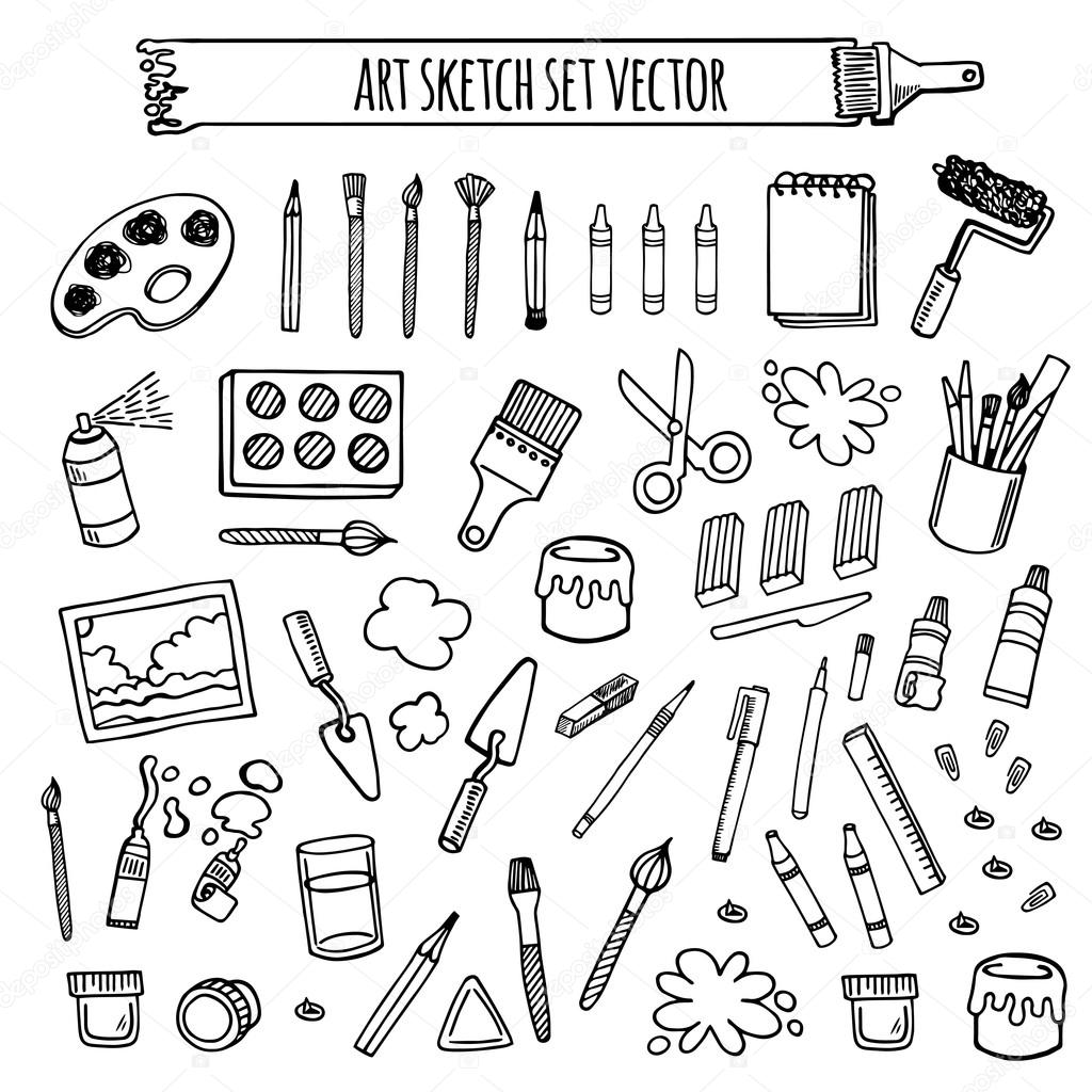 Art tools sketch hand drawn set vector desing Stock Vector by ©Havroshechka  96111346
