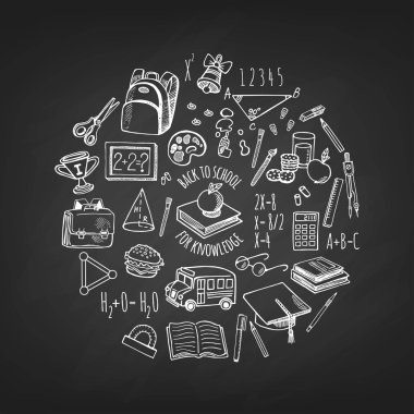 Okul araçları simgeler yalıtım bir daire içinde kroki