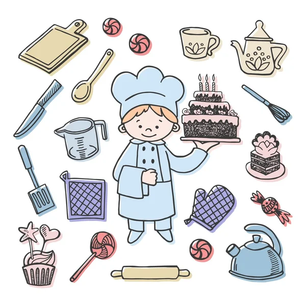 Herramientas de cocina y cocinero de esbozar los iconos conjunto de