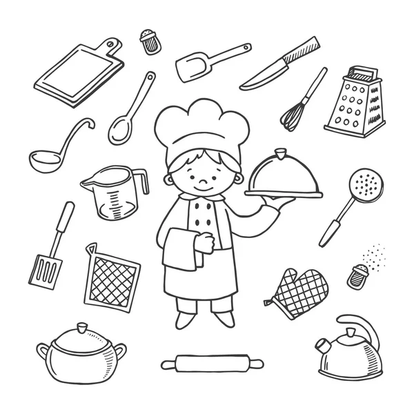 Conjunto de iconos de vectores blanco y negro de herramientas de cocina. Profesión bac — Vector de stock