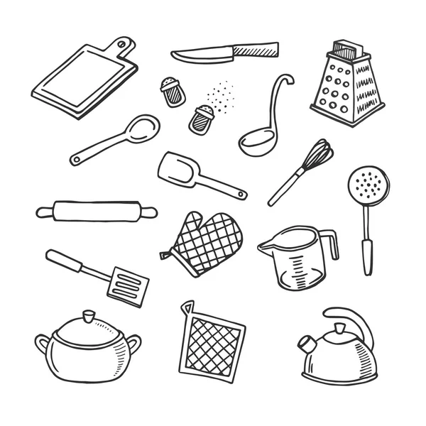Herramientas de cocina y cocinero de esbozar los iconos conjunto de