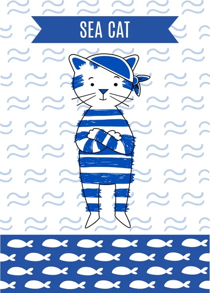 Kartı şirin retro korsan kedi deniz.
