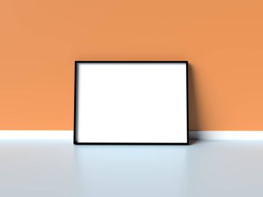 Parlak Turuncu Duvara Karşı Yatay Poster Frame Mockup. 3d hazırlayıcı.