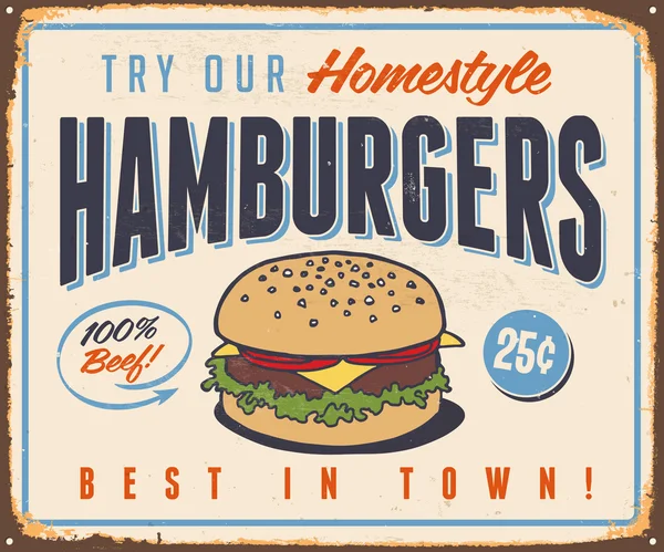 Sinal de metal vintage Tente nossos hambúrgueres Homestyle —  Vetores de Stock