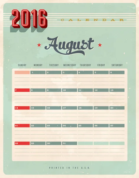 Calendario Vintage - Agosto — Archivo Imágenes Vectoriales