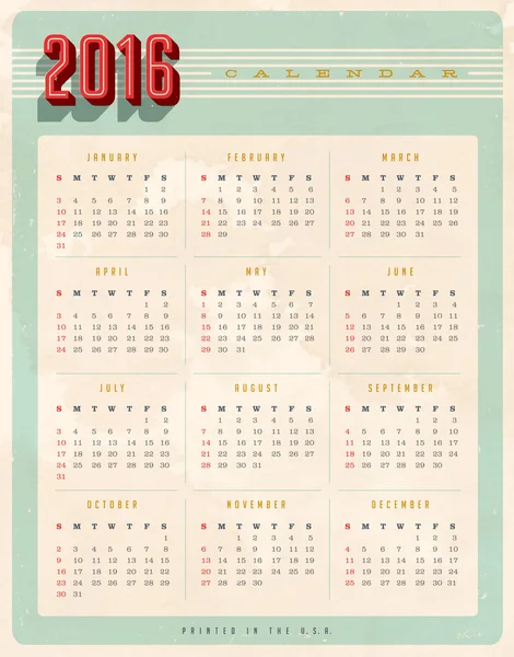 Calendario Vintage 2016 — Archivo Imágenes Vectoriales