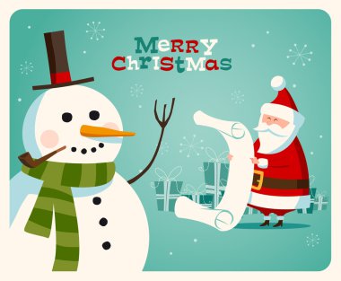 Noel Baba ve kardan adam ile Noel kartı