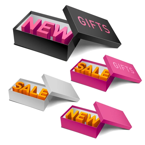 Sale, new and gifts in shoeboxes — Stock Vector