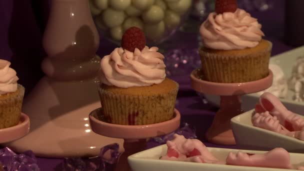 Γκρο πλαν cupcakes με κρέμα και φρέσκα μούρα — Αρχείο Βίντεο