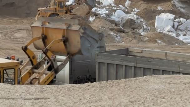 Carregador de roda de trabalho carrega areia no recipiente — Vídeo de Stock