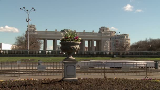 Flowerbed in park on backdrop of citys landmark — Stock Video
