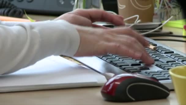 Trabajando en la oficina. Administrador escribiendo en el teclado — Vídeos de Stock