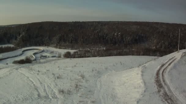 Vista desde arriba del campo cubierto de nieve y el bosque — Vídeo de stock