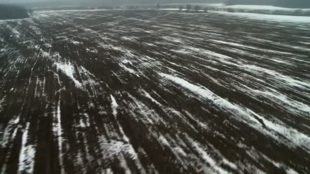 Flygande över snötäckta fält. Visa från cockpit — Stockvideo