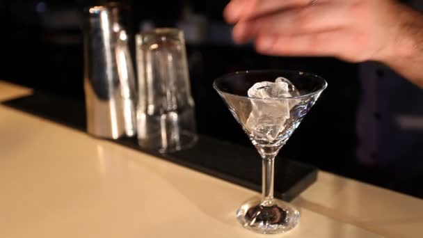 Barman zet ijsblokjes in het cocktailglas — Stockvideo