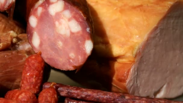 Pfanne auf Fleisch, Carbonado und Wurst — Stockvideo