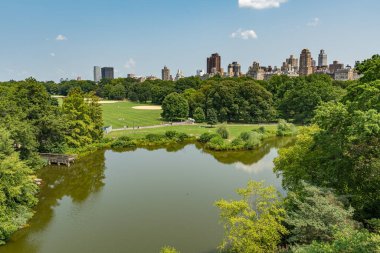 Yaz boyunca New York 'taki Belvedere Kalesi' nden Central Park Turtle Pond 'un panoramik görüntüsü