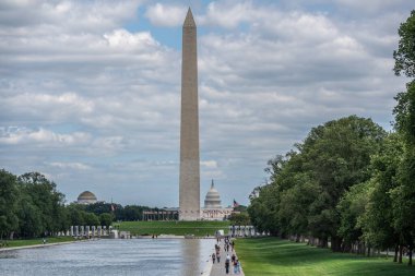 Washington DC, ABD, 20 Ağustos 2024. Washington Anıtı ve Capitol, Ulusal Alışveriş Merkezi 'nin iki ünlü simgesi.