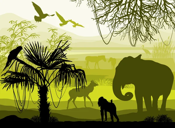 Ομορφιά της φύσης με τα άγρια ζώα (ελέφαντα, μαϊμού, αντιλόπη, — Διανυσματικό Αρχείο