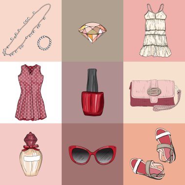 Kadın giysi, Aksesuar ve kozmetik vektör moda ayarla