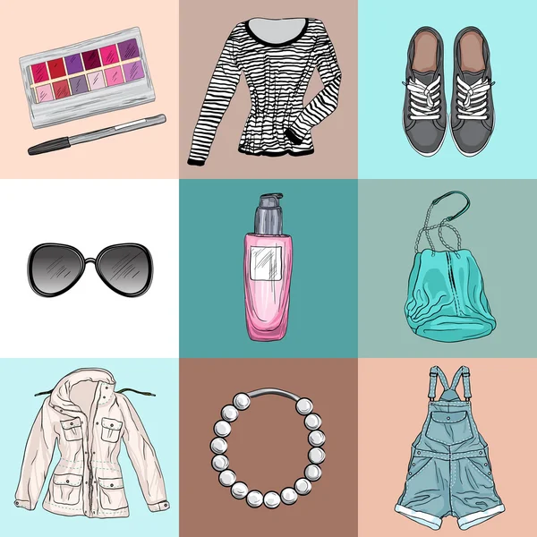 Conjunto de moda de ropa de mujer, accesorios y cosméticos — Vector de stock