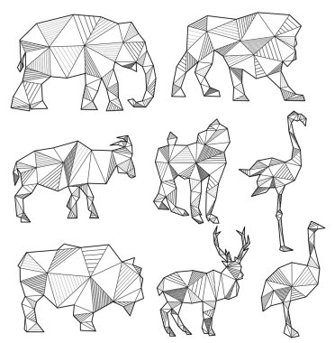 origami hayvan siluetleri (fil, aslan, keçi vektör kümesi, 