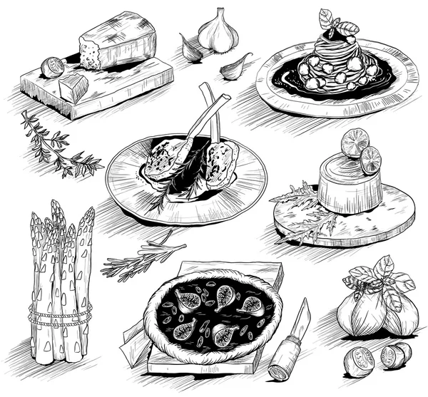 Ilustração desenhada à mão com comida italiana — Vetor de Stock