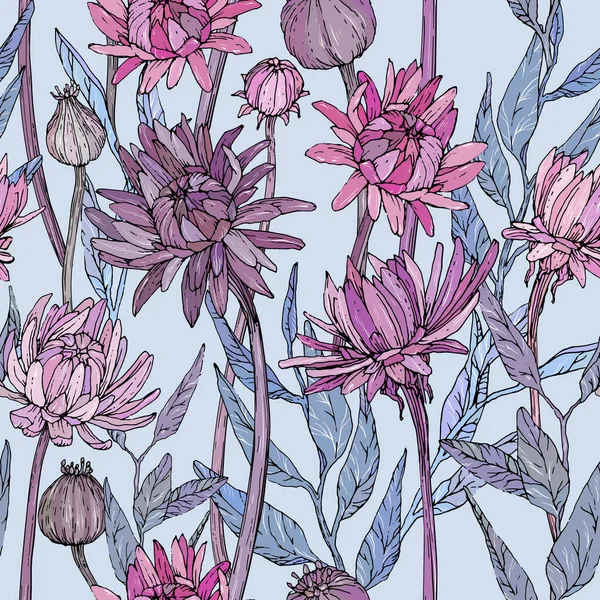 Patrón sin costura con flores de gerberas y brunchs dibujados a mano — Vector de stock