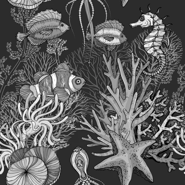 Seamless pattern with ocean marine life, clown fish in anemones, black and white — Stock Vector