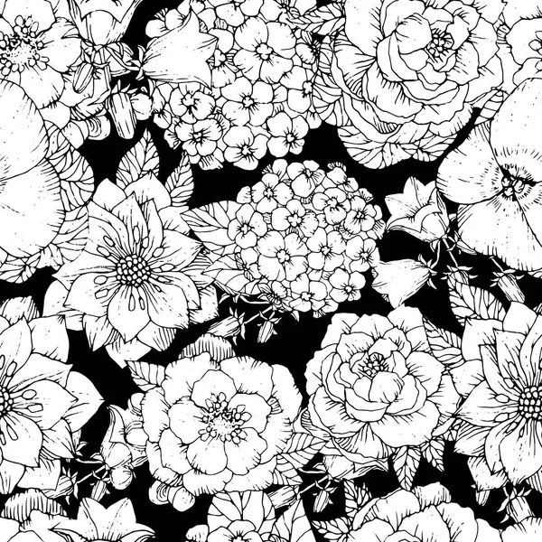Vackert sömlöst blommönster med olika blommor. Hand ritade Blommor vektor bakgrund, svart och vitt — Stock vektor