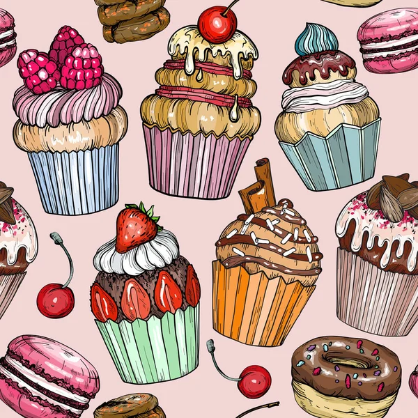 Seamless pattern with ice cream and sweet cupcake background — Vector de stock
