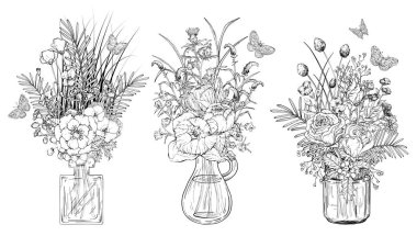 Şeffaf cam vazolarda bir buket çiçek. Siyah beyaz illüstrasyon