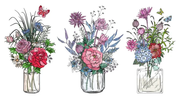 Lot de bouquets de fleurs dans des vases en verre transparent — Image vectorielle