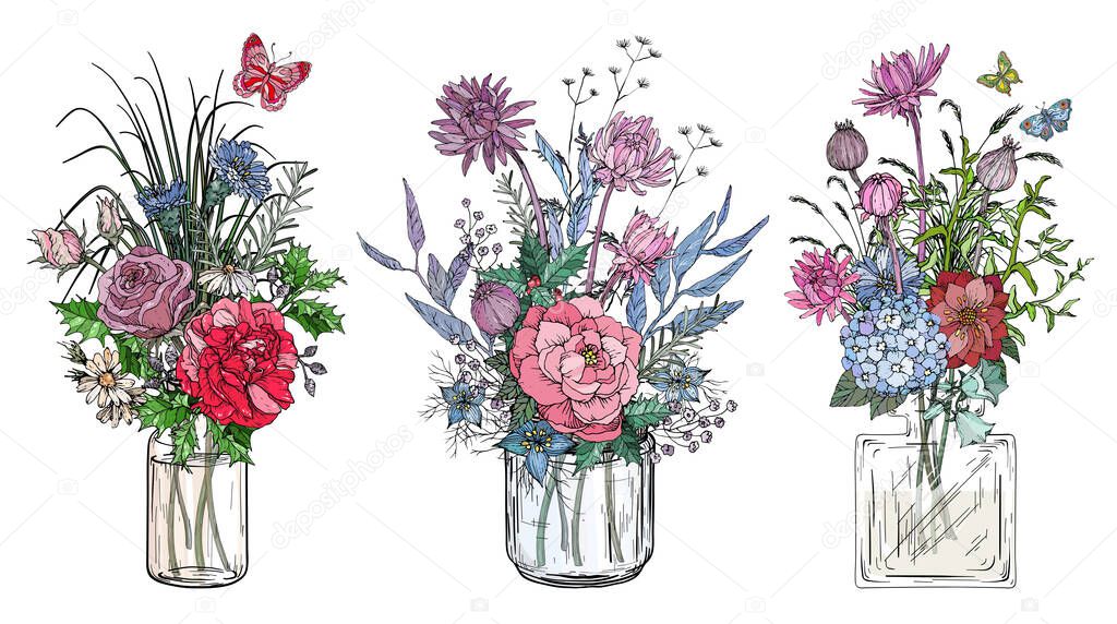 Set of bouquets of flowers in transparent glass vases