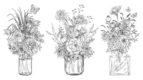 Czarno-biały Zestaw bukietów kwiatów w szklanych wazonach — Wektor stockowy