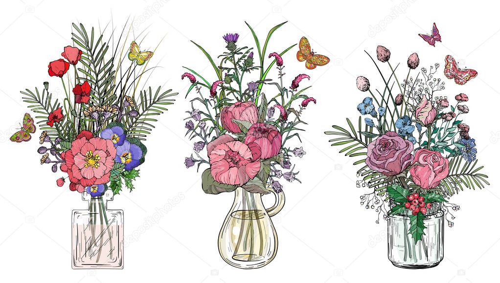 Set of bouquets of flowers in glass vases