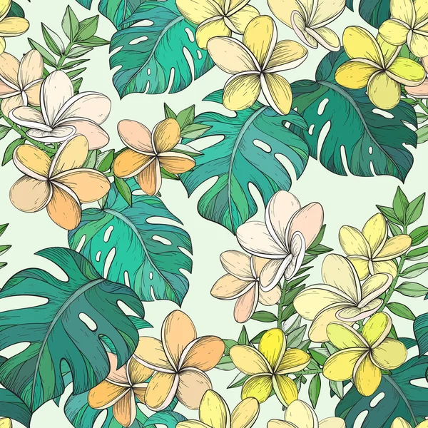 Padrão sem costura com folhas tropicais e flores Frangipani. — Vetor de Stock