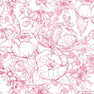 Elle çizilmiş şakayık ve papatya çiçekleri ile kusursuz monokrom deseni.