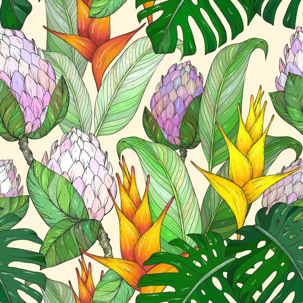 Nahtloses Muster mit tropischen Blüten und Blättern. Handgezeichnete Dschungelblätter und exotische Blumen. Schwarz-Weiß Vektorgrafiken